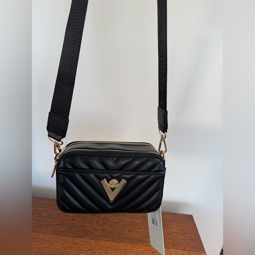 NWT - Valentino Orlandi Vegan Leather Black Quilted Crossbody Camera Bag - Picture 6 of 10